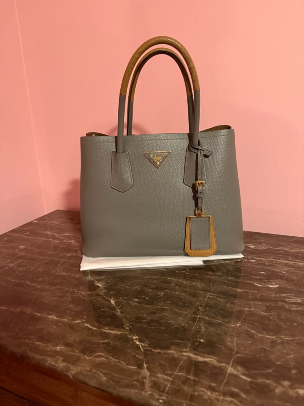 Prada Gray Saffiano Tote with Tan Accents
